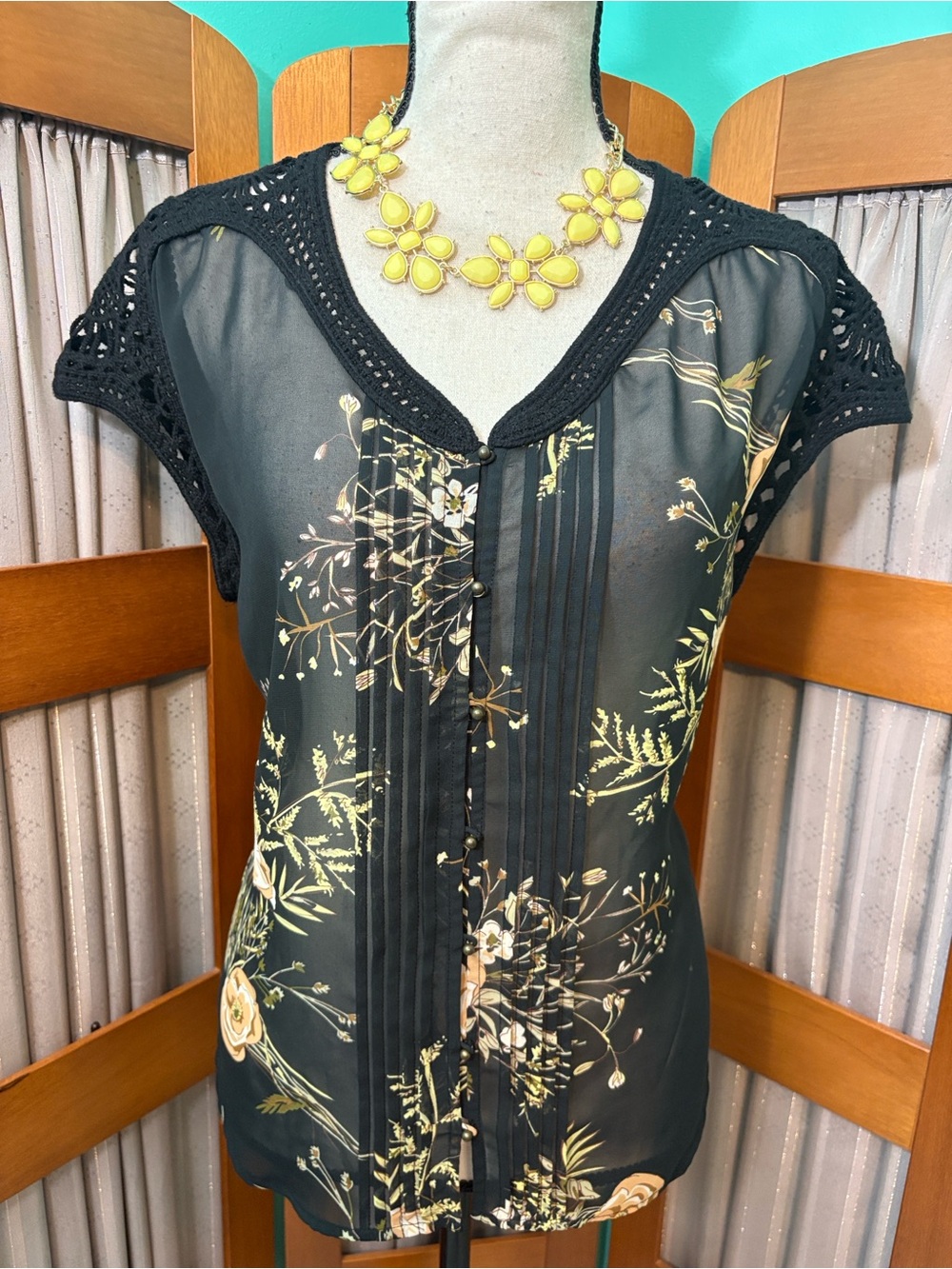 Black Floral Sheer Button-Front Women's Top